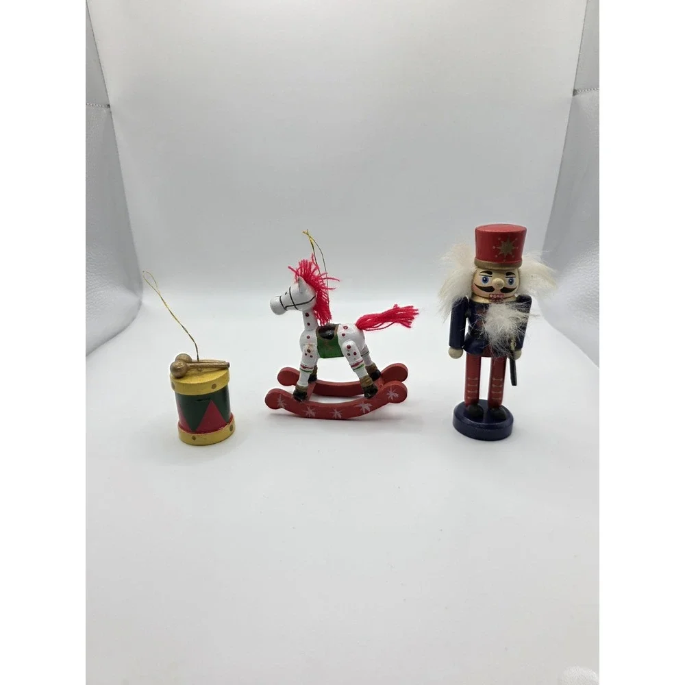 Vintage Wooden Nut Cracker, Rocking Horse Drum Christmas Ornaments